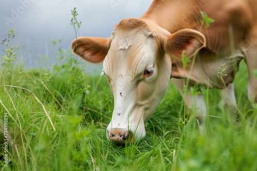 cow grazing on fresh green grass in a meadow