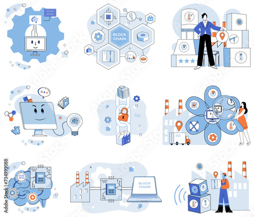 Smart industry vector illustration. The database, treasure trove information, fuels engines automated smart production Computing, wizard cyberspace, conjures magic smart industry innovation