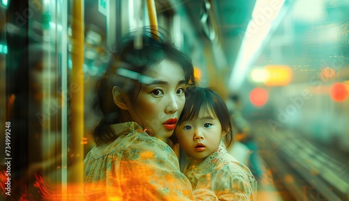 Asian woman with a child riding in a train or subway car. Casual style