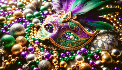 Majestic Mardi Gras Mask Amidst a Treasure Trove of Festive Ornaments © arinahabich