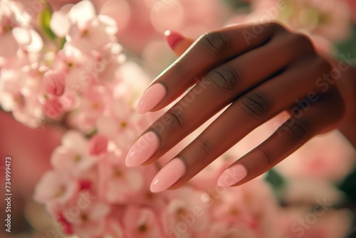 black woman hand with perfect manicure in pastel pink color, almond shaped nails, for spring, cherry blossom, nail salon ad