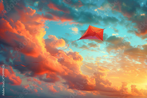 flying kite in sky, cloudy sky, kite at sunset, red kite, flying kite, fluffy clouds, 