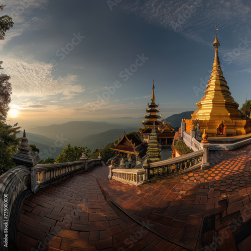 The golden spires of a pagoda and ornate temples catch the soft glow of the setting sun in a serene and spiritual sanctuary.