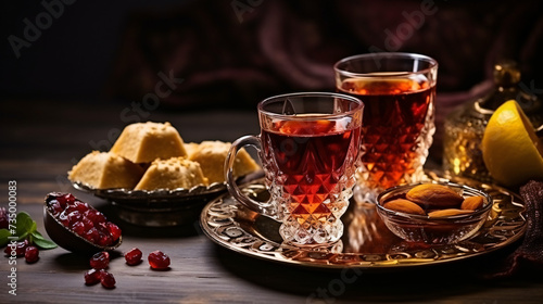 Turkish tea in traditional glasses with East sweet.