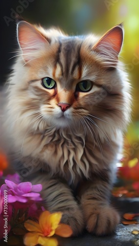 Beautiful siberian cat on nature background  close-up
