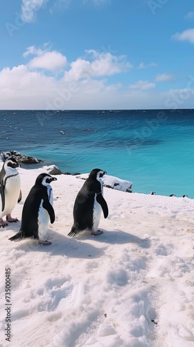 Cute Penguin Family Roaming on Snowy Landscape AI Generated