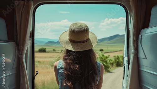 Girl in a hat looking out of a car window at the landscape. The concept of travel and freedom.