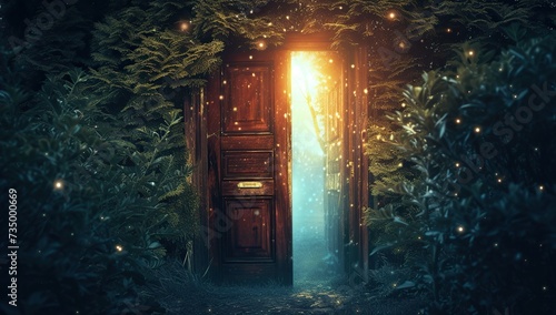 Mysterious door in the forest with glowing light from underneath. The concept of a magical portal to another world.