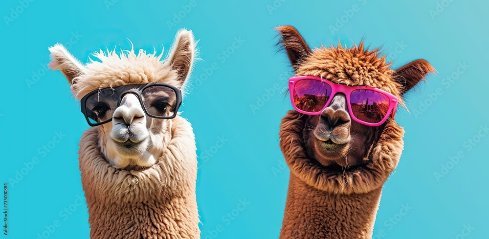 Fototapeta premium Two alpacas wearing glasses against a blue background. The concept of playfulness