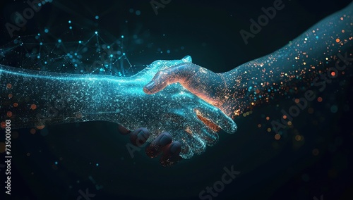 Digital handshakes with glittering particles. The concept of technological partnership and collaboration.
