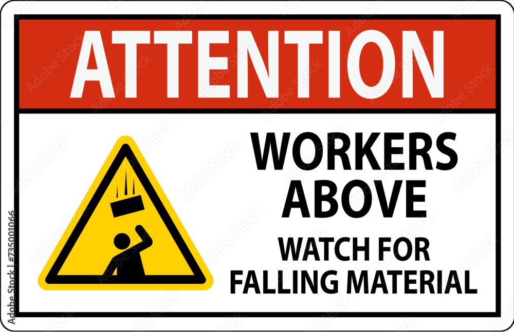 Obraz premium Attention Sign, Workers Above Watch For Falling Material