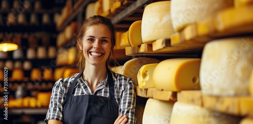 Fototapeta Naklejka Na Ścianę i Meble -  Smiling female cheese vendor in a store. The concept of gastronomy and service.
