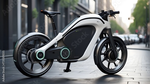 bicycle on street, A futuristic e bike with integrated Ai navigation for efficient urban communting photo