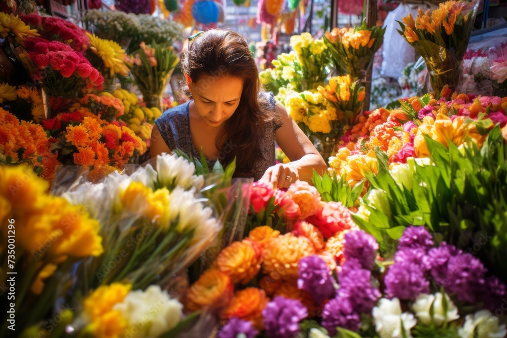 A bustling flower market with colorful stalls, a woman carefully selecting a bouquet