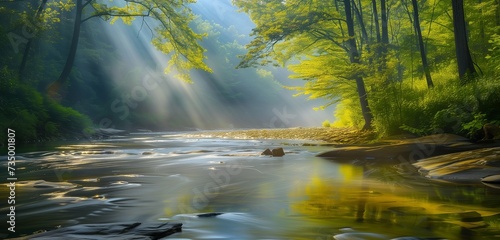 Sunlight filters through trees  casting dappled shadows on the pristine waters of the mountain river.
