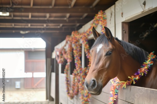 horse peering out from a stall draped in birthday garlands
