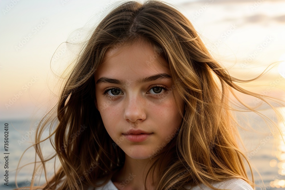 A close-up portrait of a young delicate girl with long hair fluttering in the wind against the background of the sea at sunset.
