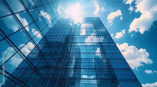 Reflective skyscrapers, business office buildings. Low angle photography of glass curtain wall details of high-rise buildings.The window glass reflects the blue sky and white clouds