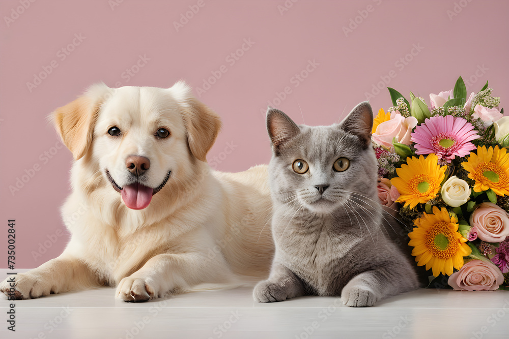 A dog and a cat smiling with a bouquet of flowers. Generative AI