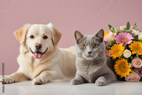 A dog and a cat smiling with a bouquet of flowers. Generative AI