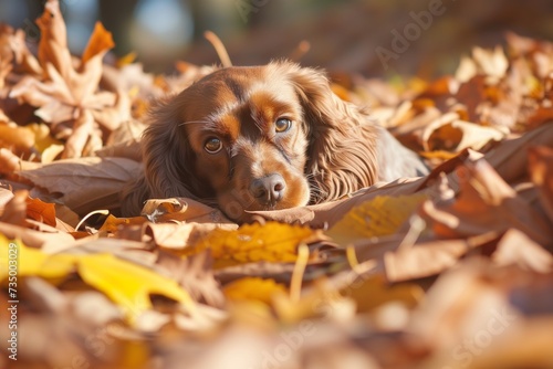 Valokuva japanese spaniel playing in a pile of autumn leaves