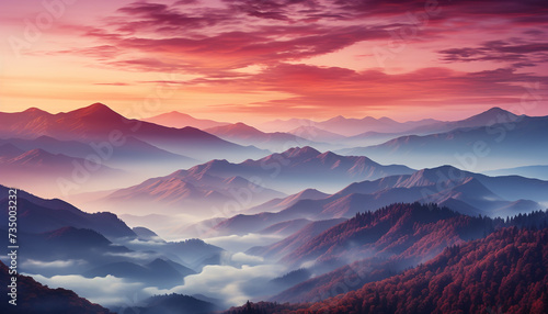 Majestic mountain peak silhouettes in tranquil sunset landscape generated by AI