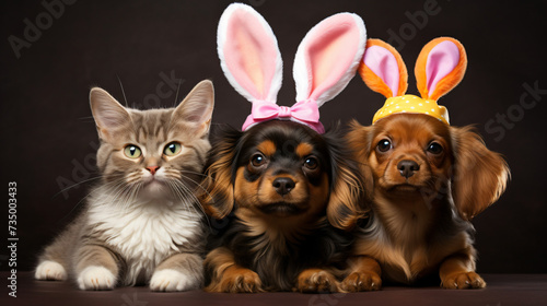 Two dogs with bunny ears on their heads together.