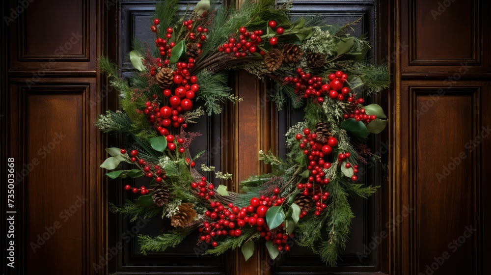 evergreen holiday wreath on door