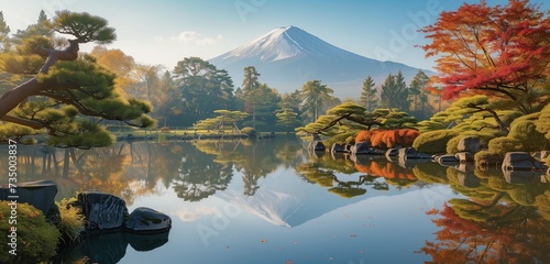 Tranquil morning scene unfolds with Mount Fuji in the backdrop  surrounded by trees ablaze with autumn colors.