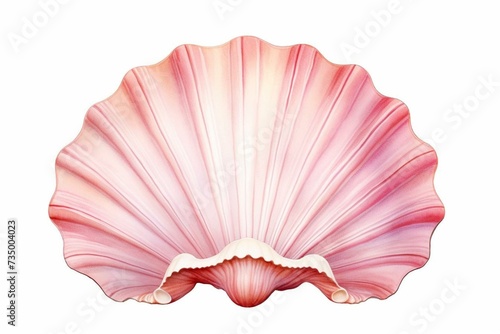 Illustration of a pink scallop shell on a white background. Generative AI photo