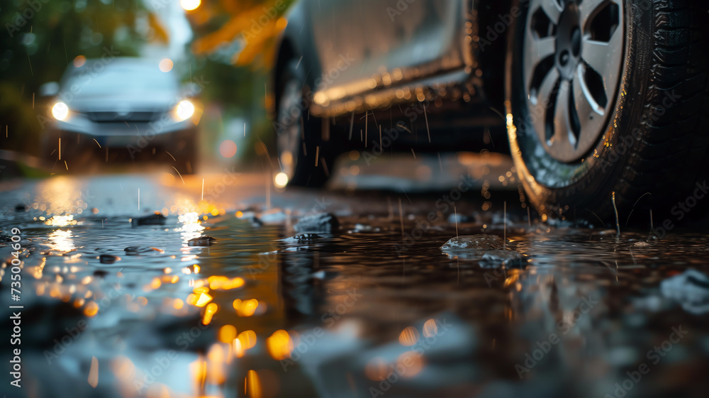 Rainy street with cars, representing urban life, weather impact, transportation, and city dynamics.