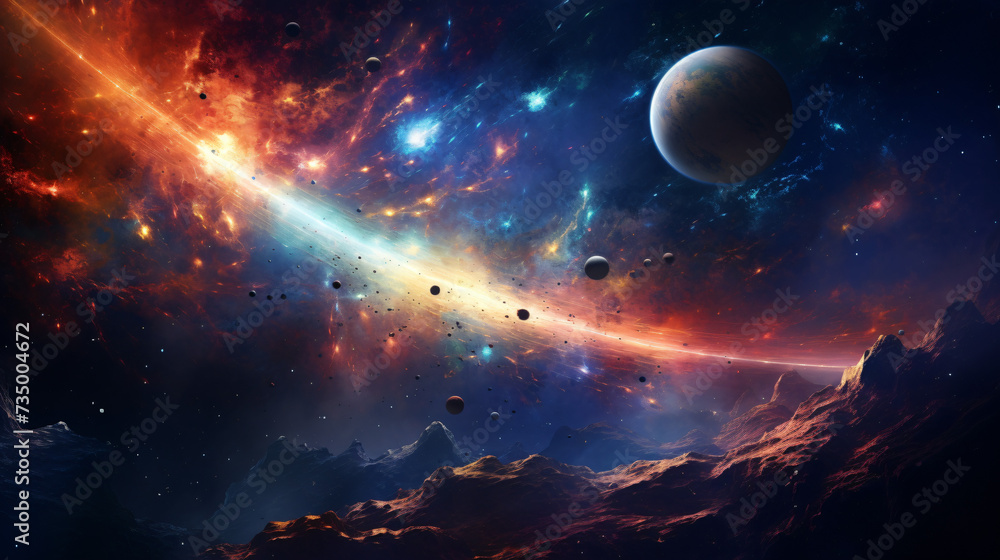 Universe scene with planets, stars, and galaxies.