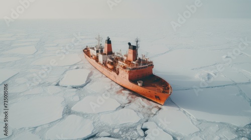 Aerial view of an orange icebreaker in the sea ice in winter.