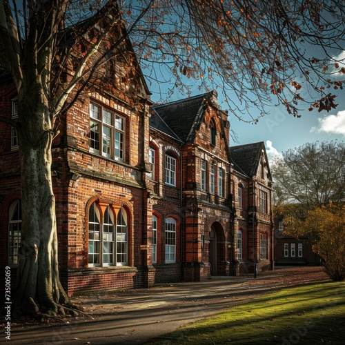 The autumn sunlight filters through the leaves, highlighting the intricate brickwork of a historic school building surrounded by fall foliage.