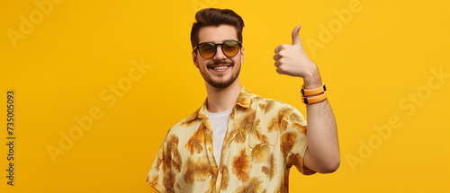 Jovem alegre em óculos de sol, mostrando os polegares para cima, isolado sobre fundo amarelo photo