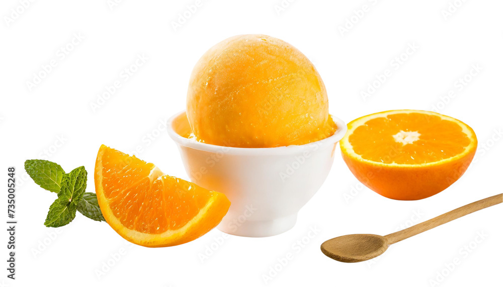 Scoops of orange ice cream with slices of orange and flowers isolated on transparent background Scoops of orange ice cream with slices of orange and flowers isolated on transparent background