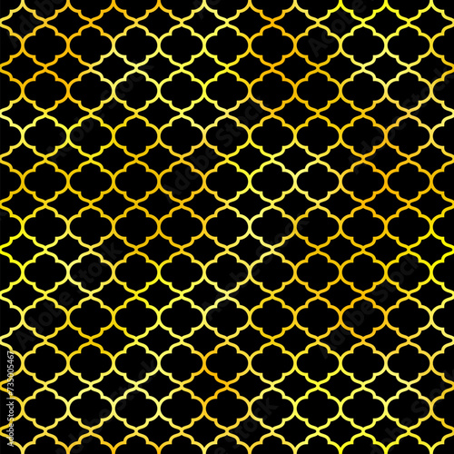 Traditional Islamic seamless pattern. Black and gold Turkish background. Mosque window golden gradient grid mosaic texture