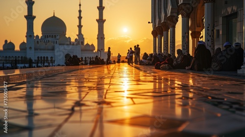 A serene scene of devout Muslim men sitting in rows engaged in evening prayer, with the warm glow of the sunset bathing the mosque in a peaceful light.