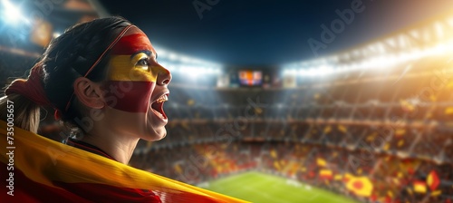 Excited spanish soccer fan with face paint, cheering at stadium with copy space available