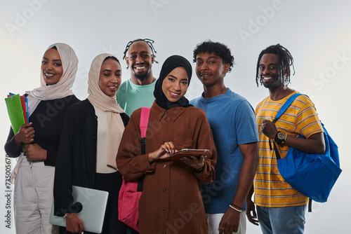 Group of diverse students engages in modern educational practices, utilizing a variety of technological tools such as laptops, tablets, and smartphones against a clean white background, exemplifying