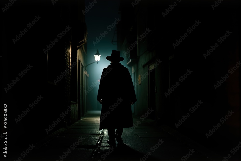 A dark silhouette of a male detective in a coat and hat in the rain on a noir-style night street. A narrow alley among houses with a glowing lantern.