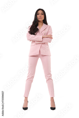 Elegant Asian model in stylish pink suit on white background.