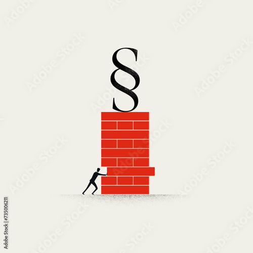 Undermine rule of law vector concept. Man pushing building block out of the wall. Minimal illustration.