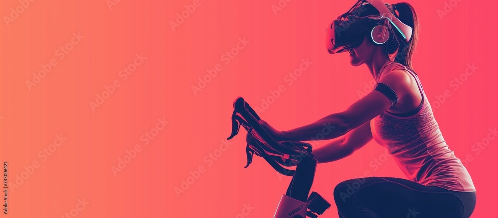 Virtual Fitness person wearing a VR headset while exercising on a stationary bike treadmill, immersed in a virtual fitness environment with scenic routes and interactive workout programs - obrazy, fototapety, plakaty 