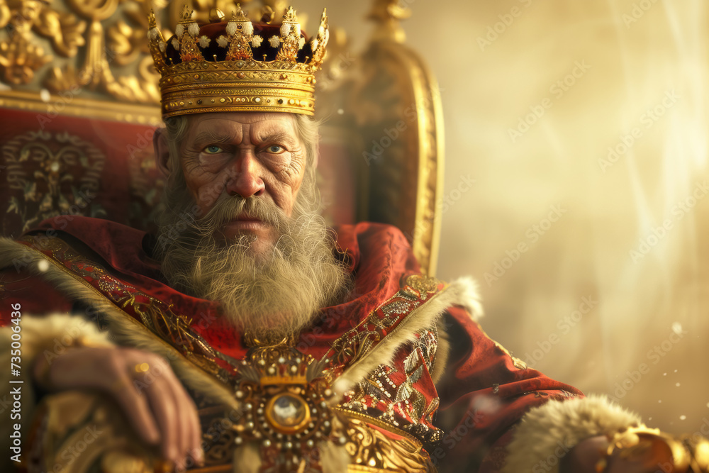 A king sitting on a golden throne wearing a crown and ermine-lined red robe.