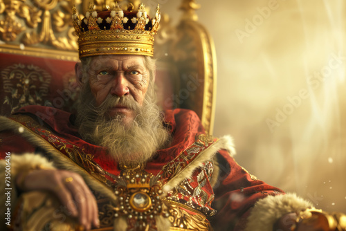 A king sitting on a golden throne wearing a crown and ermine-lined red robe.