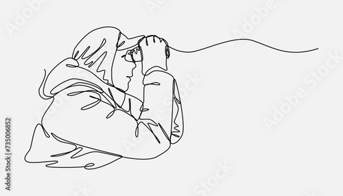continuous one line drawing of guy looking with binoculars. side view. editable stroke. vector illustration.