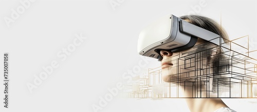 Person wearing a VR headset and exploring virtual real estate properties and architectural designs, VR technology for immersive property tours and visualization in the real estate industry