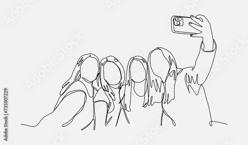 four friends taking a selfie together using a smartphone. beautiful young teenage girl. editable stroke. vector illustration. photo