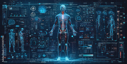 Futuristic Technology Interface: A Digital Future Health Graphic on a Screen with Body Infographic Element.